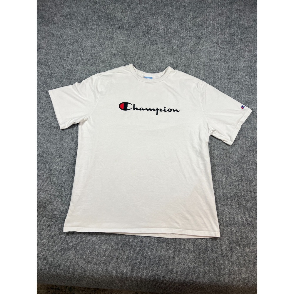 Champion T Shirt Mens 2XL White Cotton Logo Embroidered Crew Neck Straight Hem